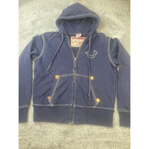 Vintage True Religion Zip Up Hoodie Mens L Blue Big T Contrast Stitch Horseshoe